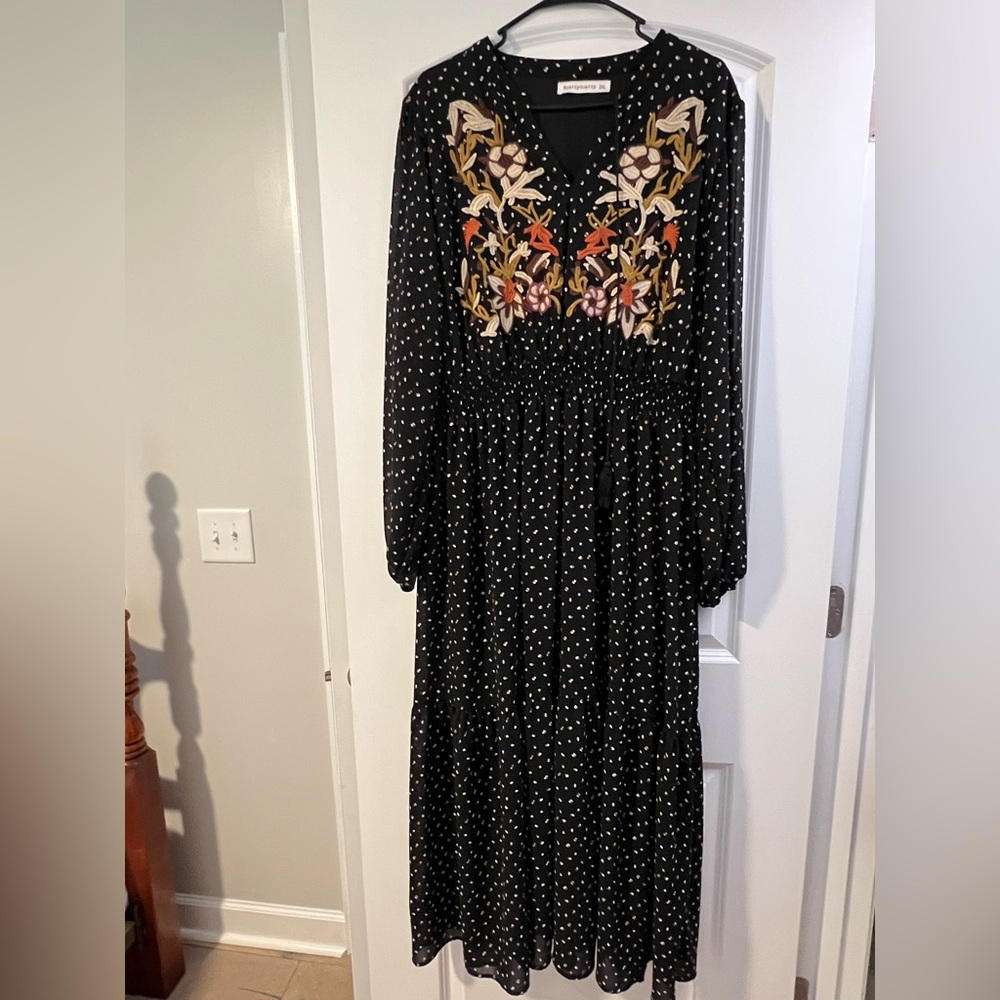 Black Polka Dot Dress with Floral Embroidery Western Boho XXL